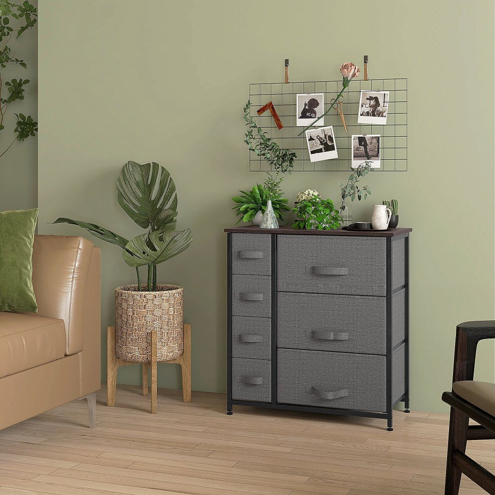 Opbergkast – Opbergmeubel – Opbergkastje – Ladekast – Opbergrek – Modern Grijs – 7 Inklapbare Lades – Metaal en Stof – Compact 63,5x30x71 cm – Ruimtebesparend