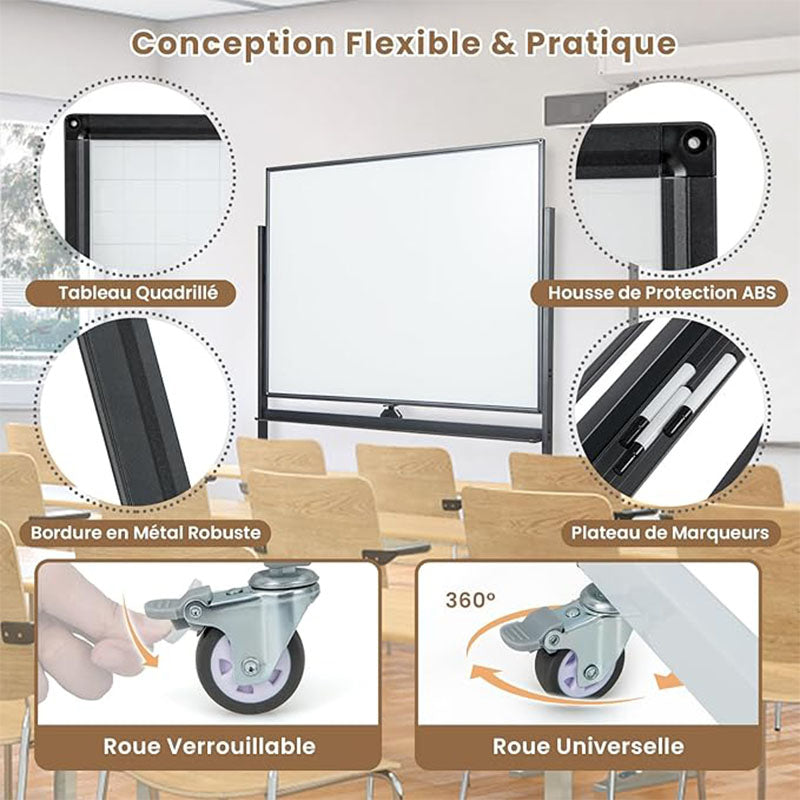 Dubbelzijdig Whiteboard – Mobiel Whiteboard – Magnetisch Whiteboard – Whiteboard Met Raster – Verrijdbaar Whiteboard – Inclusief Magneten – Lichtgewicht En Verplaatsbaar