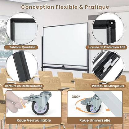 Dubbelzijdig Whiteboard – Mobiel Whiteboard – Magnetisch Whiteboard – Whiteboard Met Raster – Verrijdbaar Whiteboard – Inclusief Magneten – Lichtgewicht En Verplaatsbaar