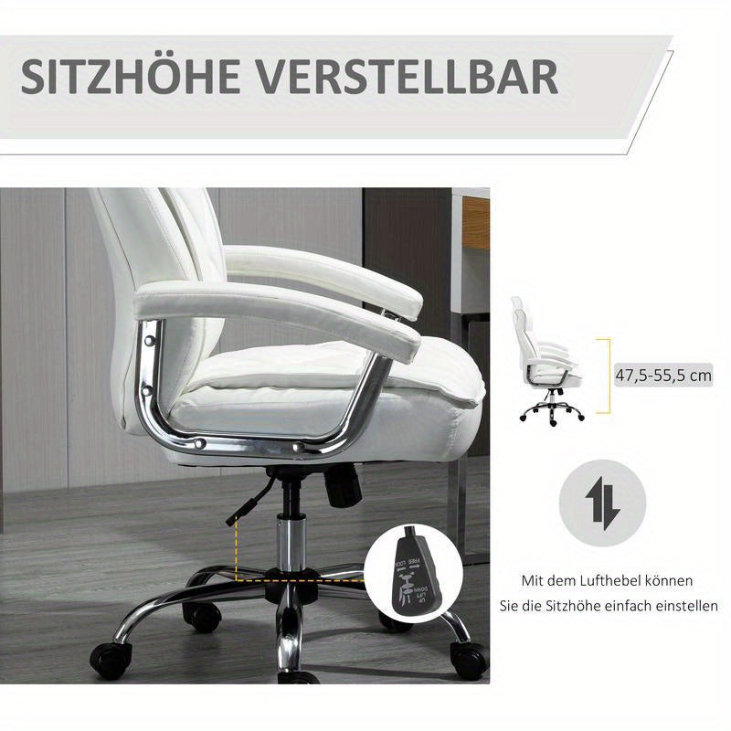 Bureaustoel – Ergonomische Stoel – Kantoormeubilair – Bureaustoel Met Wielen – Draaistoel – Verstelbare Zithoogte – Kantelfunctie – Witte Kunstleren Bekleding – Stevige Vijfwielbasis