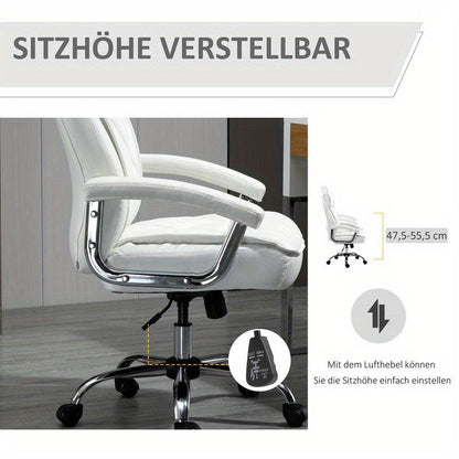 Bureaustoel – Ergonomische Stoel – Kantoormeubilair – Bureaustoel Met Wielen – Draaistoel – Verstelbare Zithoogte – Kantelfunctie – Witte Kunstleren Bekleding – Stevige Vijfwielbasis