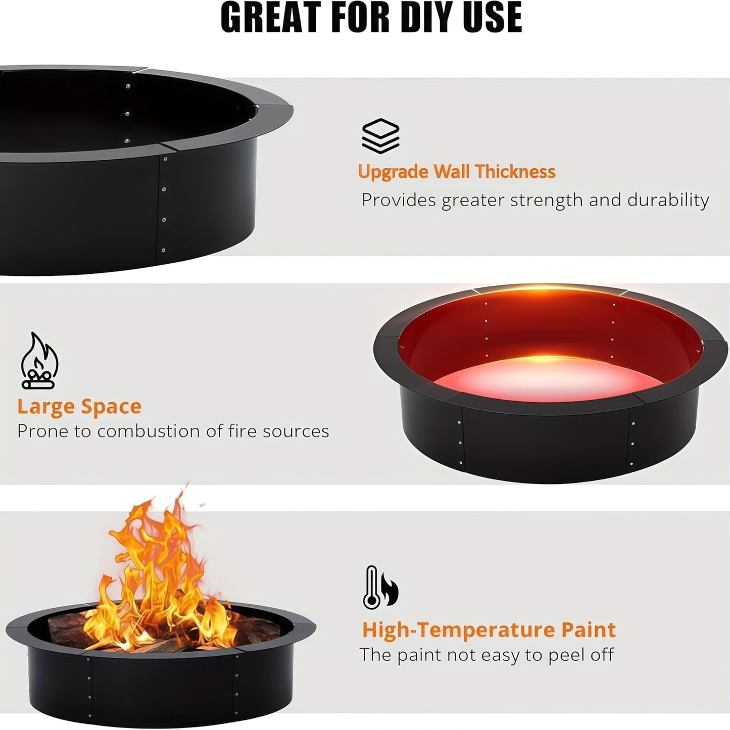 Large Heavy-Duty Fire Pit Ring - 48"/60" (122/152cm) Diameter Outdoor Fire Pit, Quick DIY No-Tool Assembly, In-Ground/above-Ground Use, Carbon Coated for Rustproof Durability - Backyard, Garden, Camping, Bonfire Pit