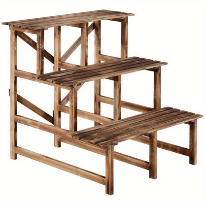 Plantenrek – Plantenstandaard – Plantentafel – Plantentrap – Bloemenrek – 3 Laags – Vurenhout Met Metalen Frame – 80 x 80 x 78 cm – Stevig & Rustiek