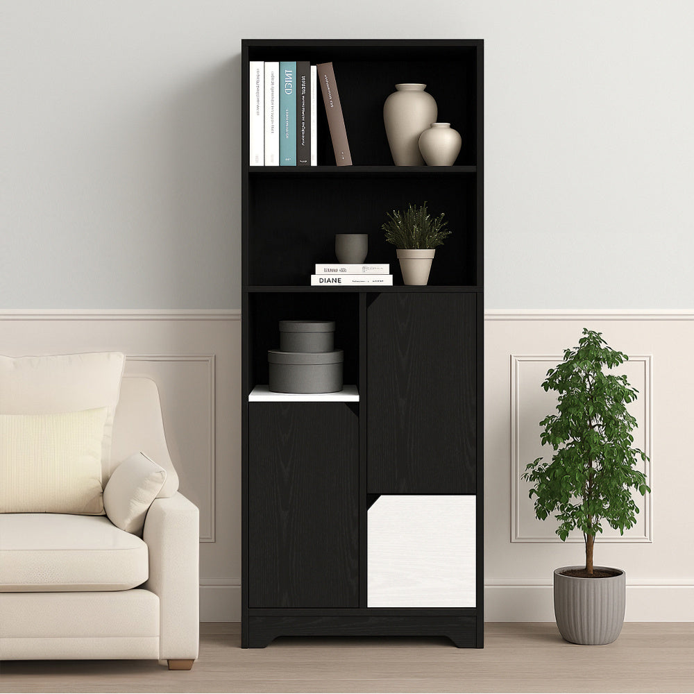 Modern Black & White Multifunctional Bookcase with Open Shelves, Doors & Drawers - Heavy-Duty Metal, No Assembly Required, Space-Saving Shelving Unit for Home Office,, Bedroom - Compact Bookshelf Organizer, Book Shelves, Sing