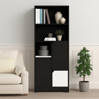 Modern Black & White Multifunctional Bookcase with Open Shelves, Doors & Drawers - Heavy-Duty Metal, No Assembly Required, Space-Saving Shelving Unit for Home Office,, Bedroom - Compact Bookshelf Organizer, Book Shelves, Sing