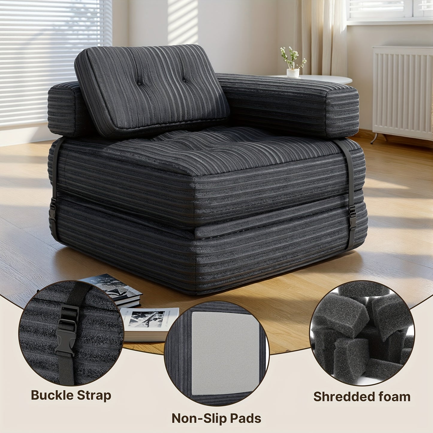 2-in-1 Relaxfauteuil – Lounge Stoel – Fauteuil Met Rugleuning – Zitfauteuil – Slaapstoel – Beige Kleur – Pluche Kussens – Antislip Basis