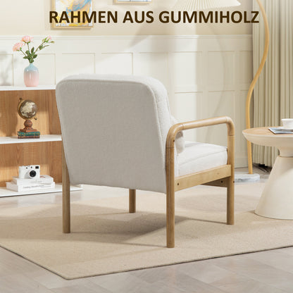 Fauteuil – Accentstoel – Gestoffeerde Stoel – Loungestoel – Zetel – Moderne Witte Stoffen Bekleding – Rubberhouten Frame – Inclusief Sierkussen – Extra Comfortabele Zitting
