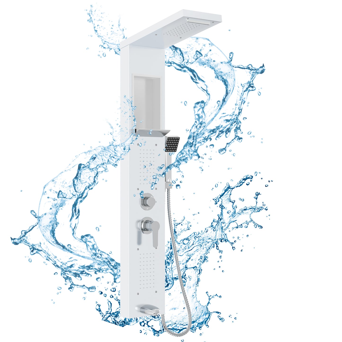 Douchepaneel – Douchekolom – Regendouche – Massage Douche – Waterval Douche – Wit – 5-in-1 Multifunctioneel – 304 Roestvrij Staal Met Ingebouwde Plank