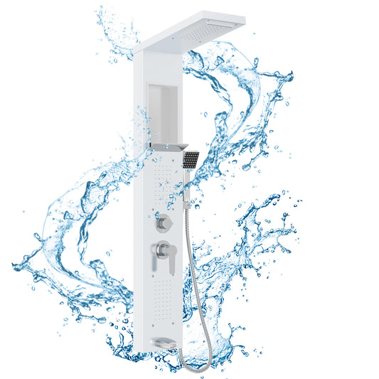 Douchepaneel – Douchekolom – Regendouche – Massage Douche – Waterval Douche – Wit – 5-in-1 Multifunctioneel – 304 Roestvrij Staal Met Ingebouwde Plank