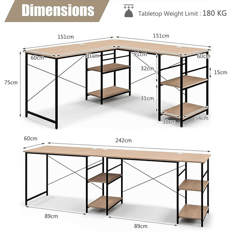 L-vormig Bureau – Hoekbureau – Werkplek – Gamestoel – Studiebureau – Industrieel Hout – 2,9 Meter Lang – Met Opbergrekken