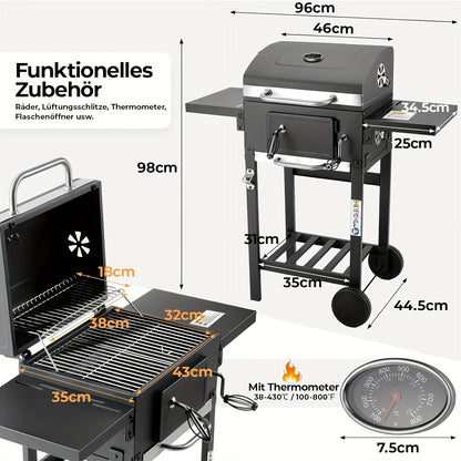 Houtskoolbarbecue – BBQ Grill – Smoker – Buitenbarbecue – Tuinbarbecue – Dubbel Grilloppervlak – Ingebouwde Thermometer – Verstelbare Houtskoolbak – Wielen Met Rem – Robuuste Metalen Constructie