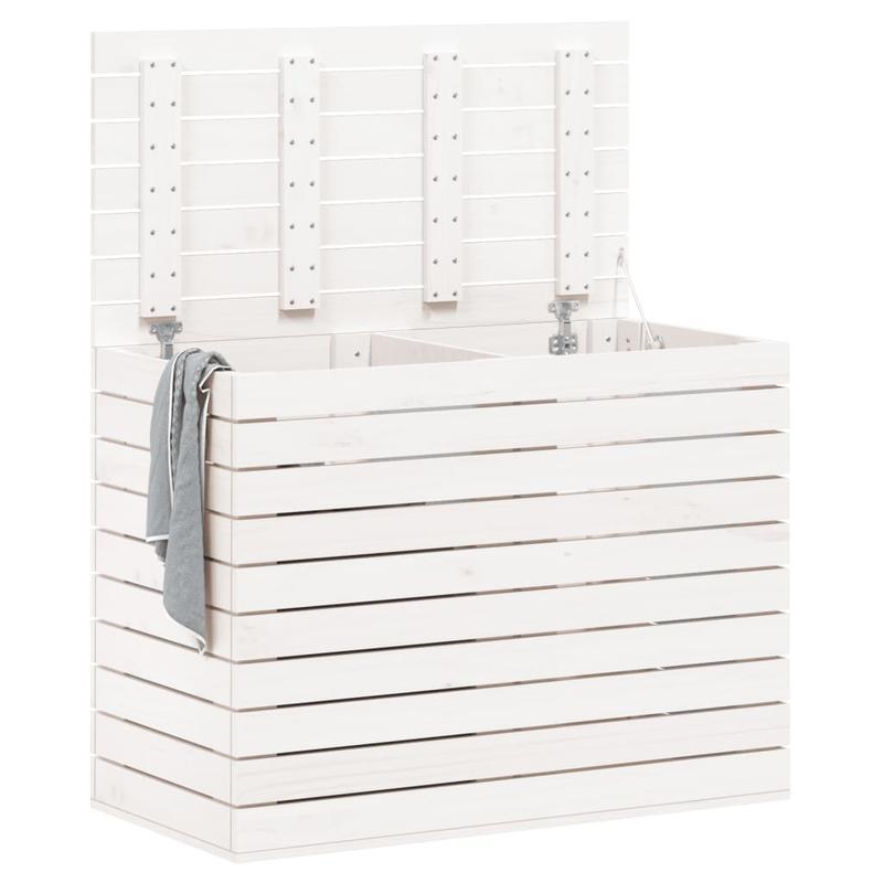 Wasmand – Wasbox – Wassorteerder – Waszak – Opbergmand – Massief Grenenhout – 3 Compartimenten Met Haken – 88,5x44x66 cm – Klassiek Wit – Stevig & Ademend Design