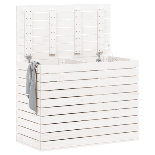 Wasmand – Wasbox – Wassorteerder – Waszak – Opbergmand – Massief Grenenhout – 3 Compartimenten Met Haken – 88,5x44x66 cm – Klassiek Wit – Stevig & Ademend Design