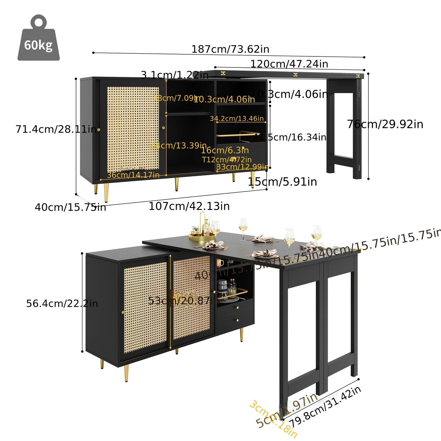Bartafel – Statafel – Barmeubel – Bistrotafel – Keukentafel – 360° Draaibaar Tafelblad – Met Opbergruimte en Rattan Deur – Zwart Metaal