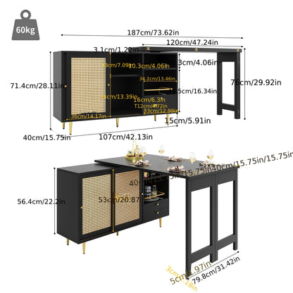 Bartafel – Statafel – Barmeubel – Bistrotafel – Keukentafel – 360° Draaibaar Tafelblad – Met Opbergruimte en Rattan Deur – Zwart Metaal
