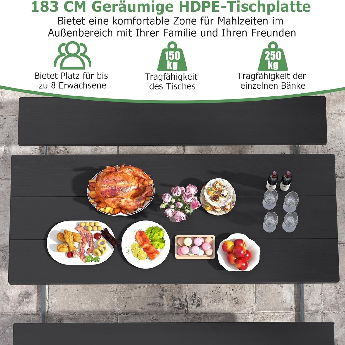 Bier Tent Set – Bierbank Set – Picknicktafel – Feesttafel – Tuinset – Weerbestendig HDPE Blad – Inclusief Parasolgat – Zwart – Geschikt Voor 6-8 Personen – Robuust Metalen Frame