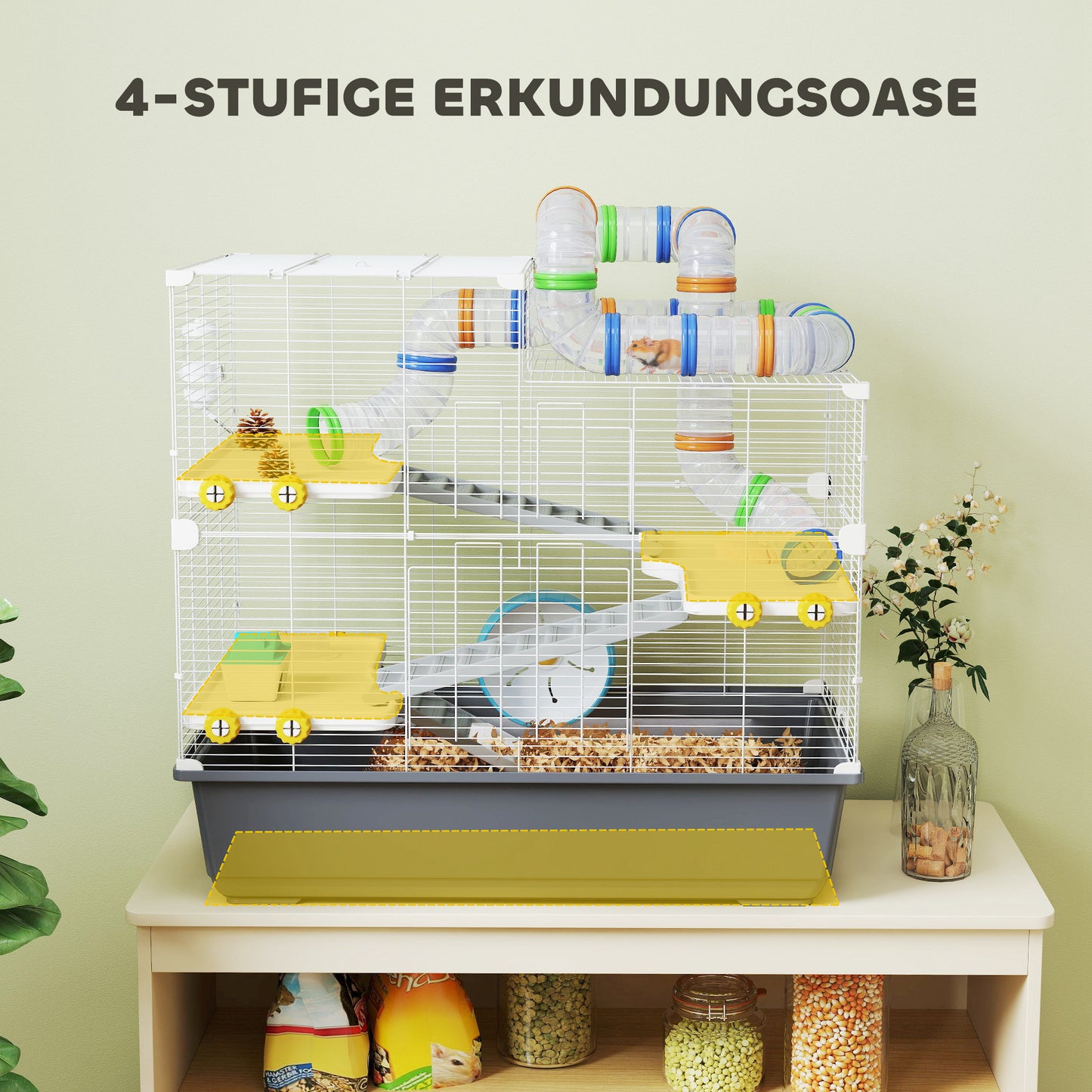 Dwerg Hamsterkooi – Hamsterkooi – Hamsterverblijf – Kleine Dierenkooi – Mini Dierenverblijf – 4 Verdiepingen Met Tunnel Systeem – Inclusief Accessoires En Bovenklep – Grijs 78x45x73 cm