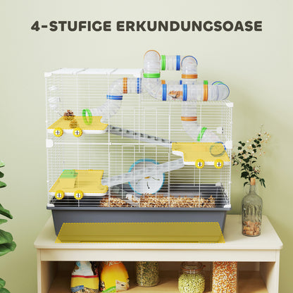 Dwerg Hamsterkooi – Hamsterkooi – Hamsterverblijf – Kleine Dierenkooi – Mini Dierenverblijf – 4 Verdiepingen Met Tunnel Systeem – Inclusief Accessoires En Bovenklep – Grijs 78x45x73 cm