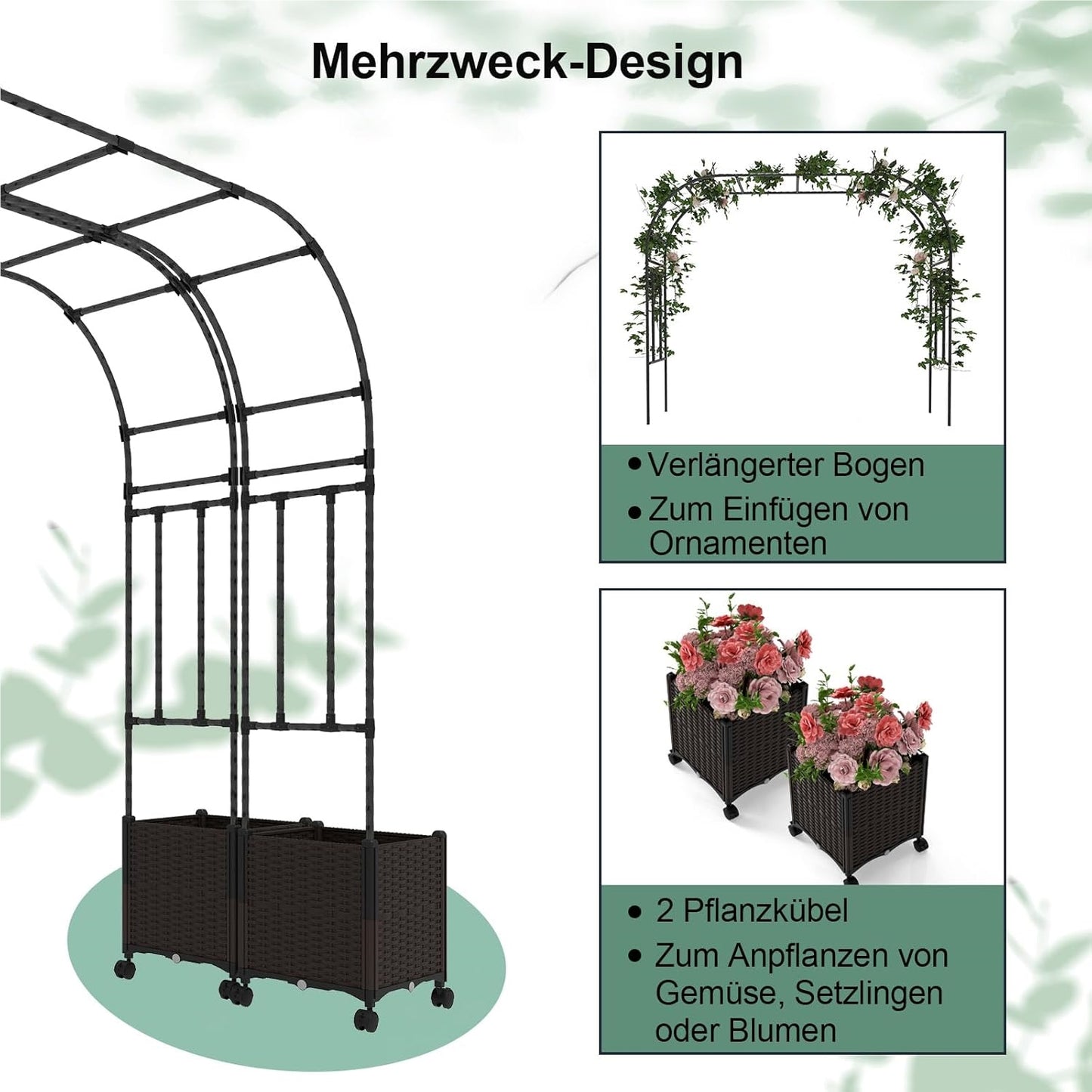 Tuinboog 2-in-1 – Rozenboog – Klimrek – Klimplantboog – Archeon – Met Bloembakken Op Wielen – Met Drainagegaten – 288 cm Hoog – Zwart Metaal en PP