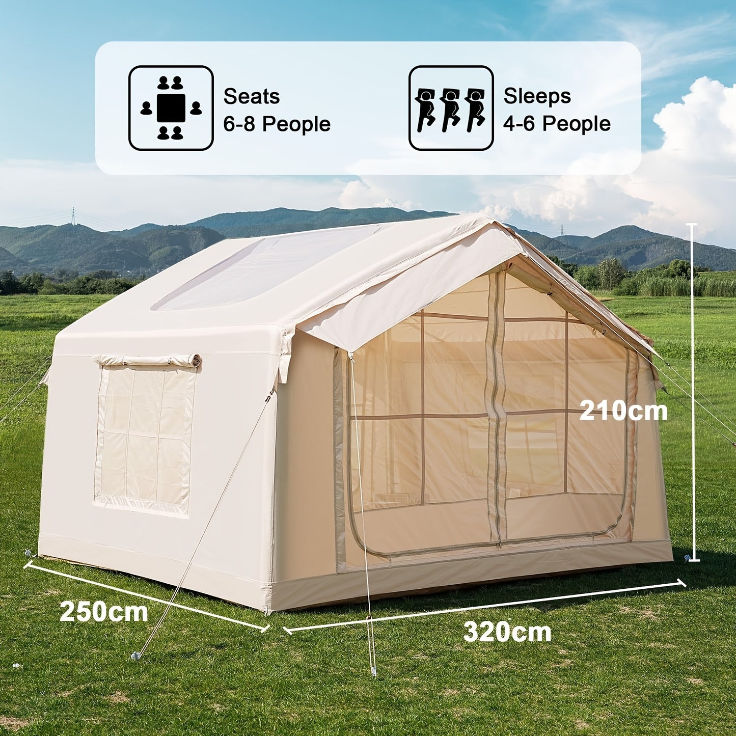 camptent – familietent – kampeertent – festivaltent – opblaasbare tent – 8 m² – geschikt voor 6 personen – snel op te zetten