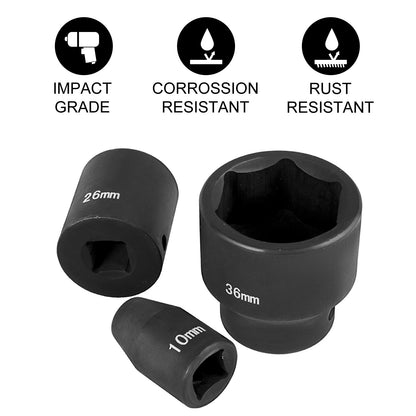 Impact Socket Set – Dopsleutel Set – Slagmoersleutel Sockets – Ratelsocket Set – Steeksleutel Doppen – 26-delig 1/2 Inch Aandrijving – Chroom-Molybdeenstaal – 6-punts Design