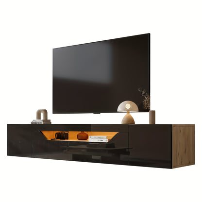 Modern Floating Wall-Mounted TV Stand with 3 Storage Compartments & Low Panel - Heavy-Duty Metal Construction, Space-Saving Design for 75-Inch TVs, Black & Natural Wood Finish, Minimalist Entertainment Center for Living Room,