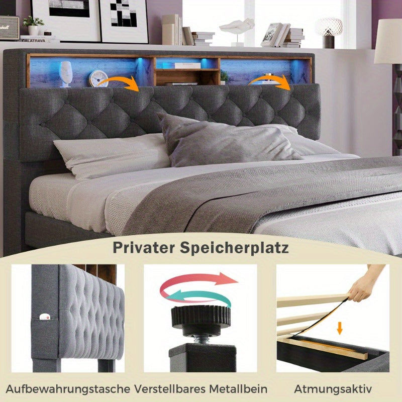 Bed Met Opbergruimte – Tweepersoonsbed – Slaapbed – Ledikant – Boxspring – Matras Inclusief – Gestoffeerd Grijs – Houten Lattenbodem – 140x200 cm