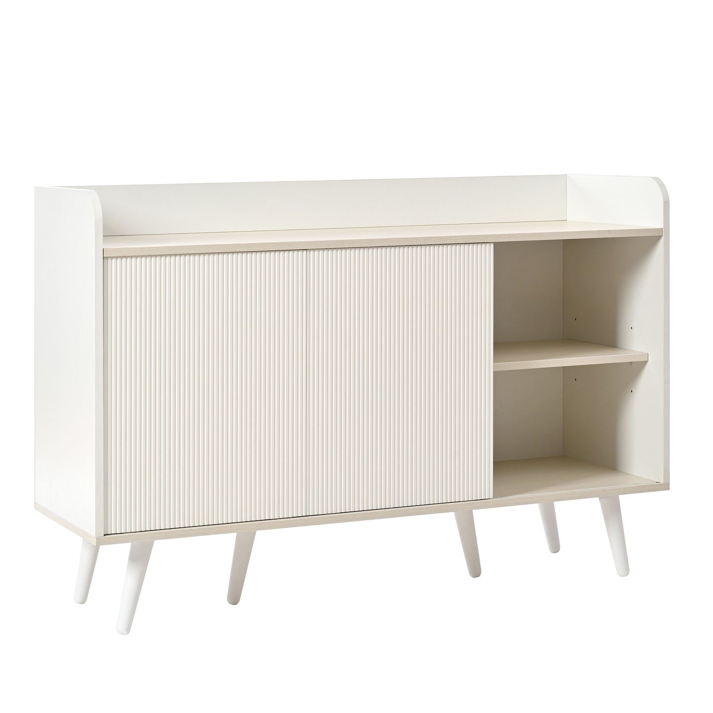 BTM Sideboard Dresser with Three Drawers, Striped Sliding Doors, Storage Shelves, and Raised Countertop, Modern Sideboard in White and Wood Finish on Tall Wooden Legs, 117.5×39.5×79 cm