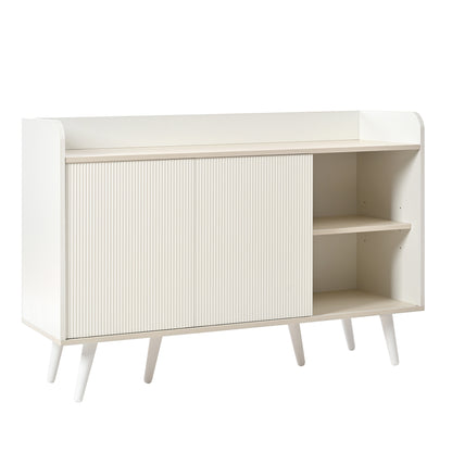 BTM Sideboard Dresser with Three Drawers, Striped Sliding Doors, Storage Shelves, and Raised Countertop, Modern Sideboard in White and Wood Finish on Tall Wooden Legs, 117.5×39.5×79 cm