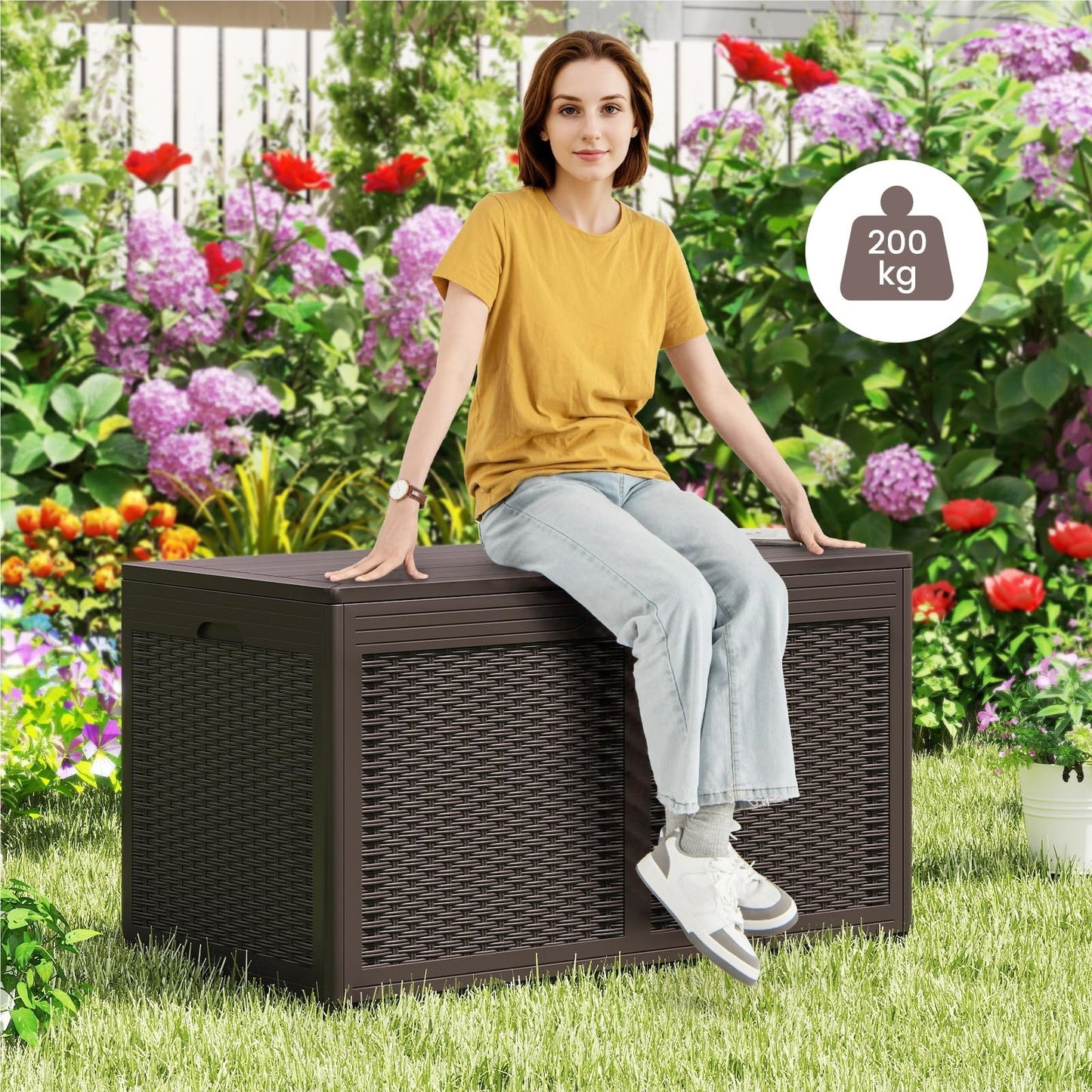 Opbergbox Tuinkist Tuinbox Buitenopberger Balkonbox – Rattan Opbergkist – 380 Liter – Waterdicht PP – Met Wieltjes & Zitfunctie 200 kg