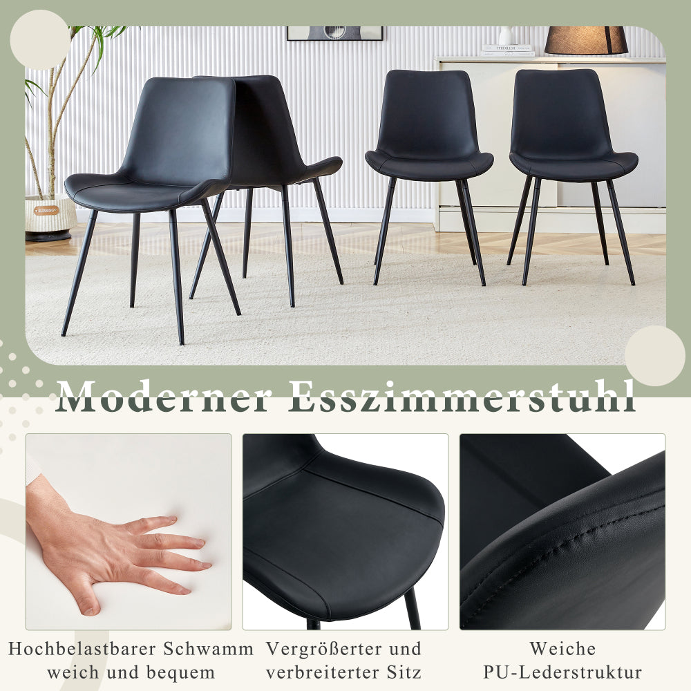 A four-piece modern dining set featuring black upholstery and a metal frame, with generously proportioned seats and backrests. Ideal for dining rooms, home offices and various living areas.