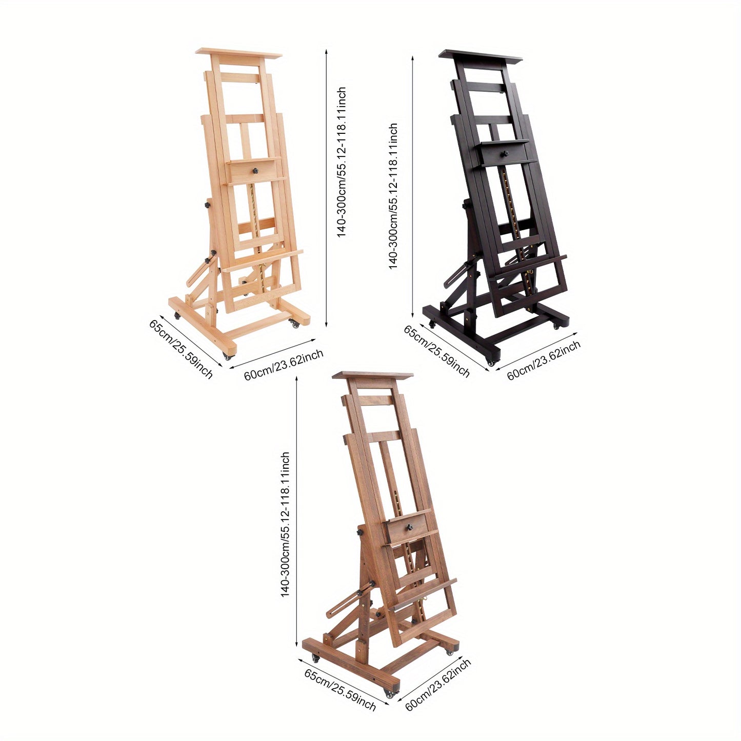 Verstelbare Kunstenaars Ezelschaal – Schildersezel – Atelier Ezelschaal – Houten Ezelschaal – Kunst Easel – Walnoot Kleur – Verstelbare Hoogte 140-300 cm – Stevige H-vormige Basis met Remwieltjes