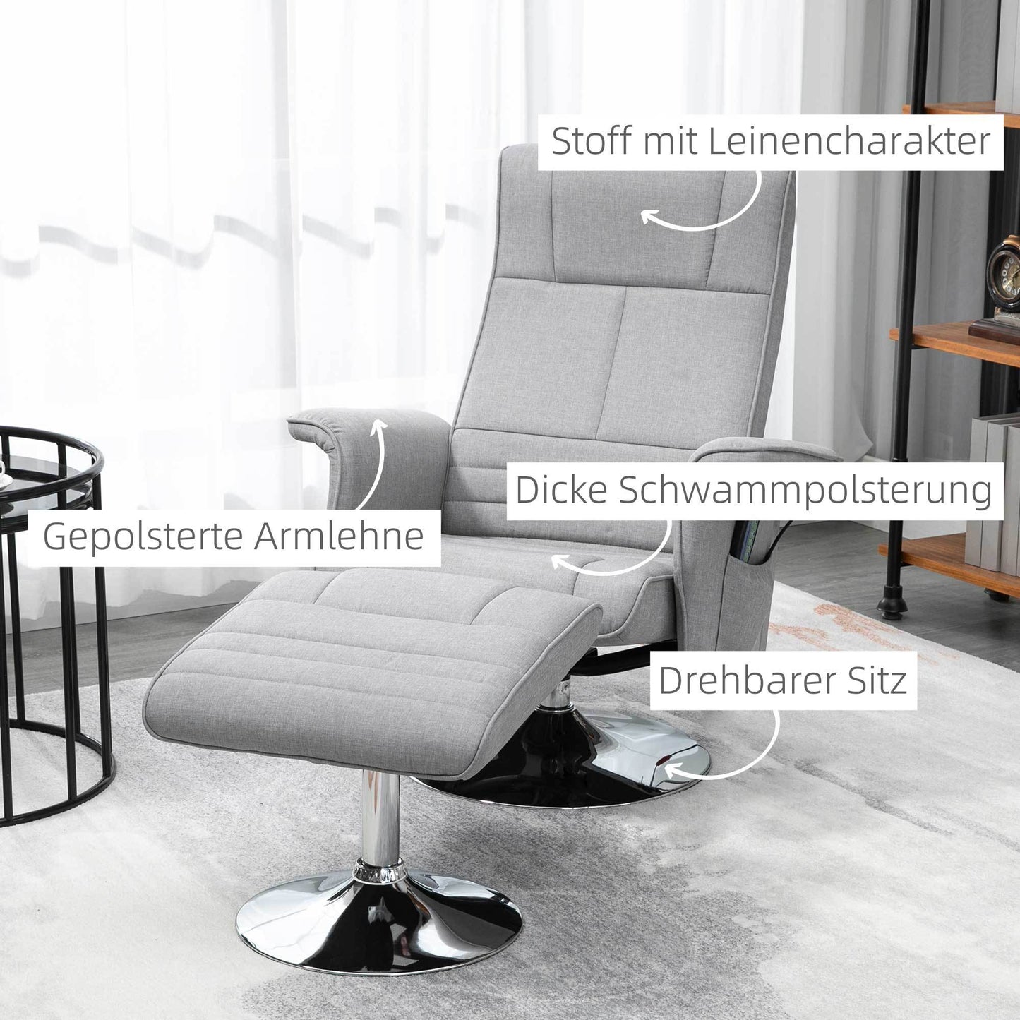 Massagestoel – Relaxstoel – Ontspanningsstoel – Massagefauteuil – Stoel Met Voetenkruk – Verstelbare Rugleuning – Compacte Afmetingen 78x95x88 cm – Lichtgrijs