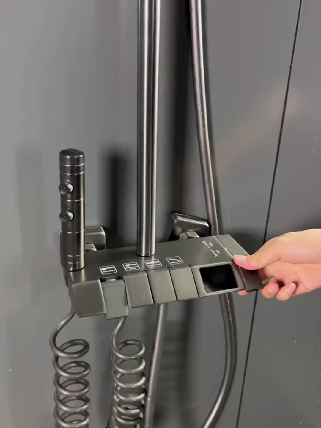 A Set of Brass Gun Gray Household Shower Head Kit. Intelligent Boosting System. Piano Button. LED Intelligent Thermostat. Four-Function Handheld Shower. Bathroom Shower Kit.