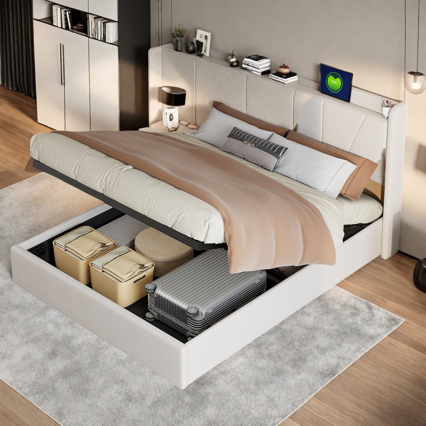Bedframe – Tweepersoonsbed – Gestoffeerd Bed – Bedplaats – Slaapbank – 160x200 cm – Beige Linnen Bekleding – Hydraulische Opbergruimte