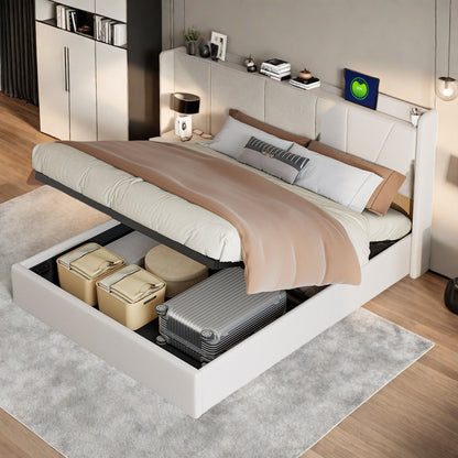 Bedframe – Tweepersoonsbed – Gestoffeerd Bed – Bedplaats – Slaapbank – 160x200 cm – Beige Linnen Bekleding – Hydraulische Opbergruimte
