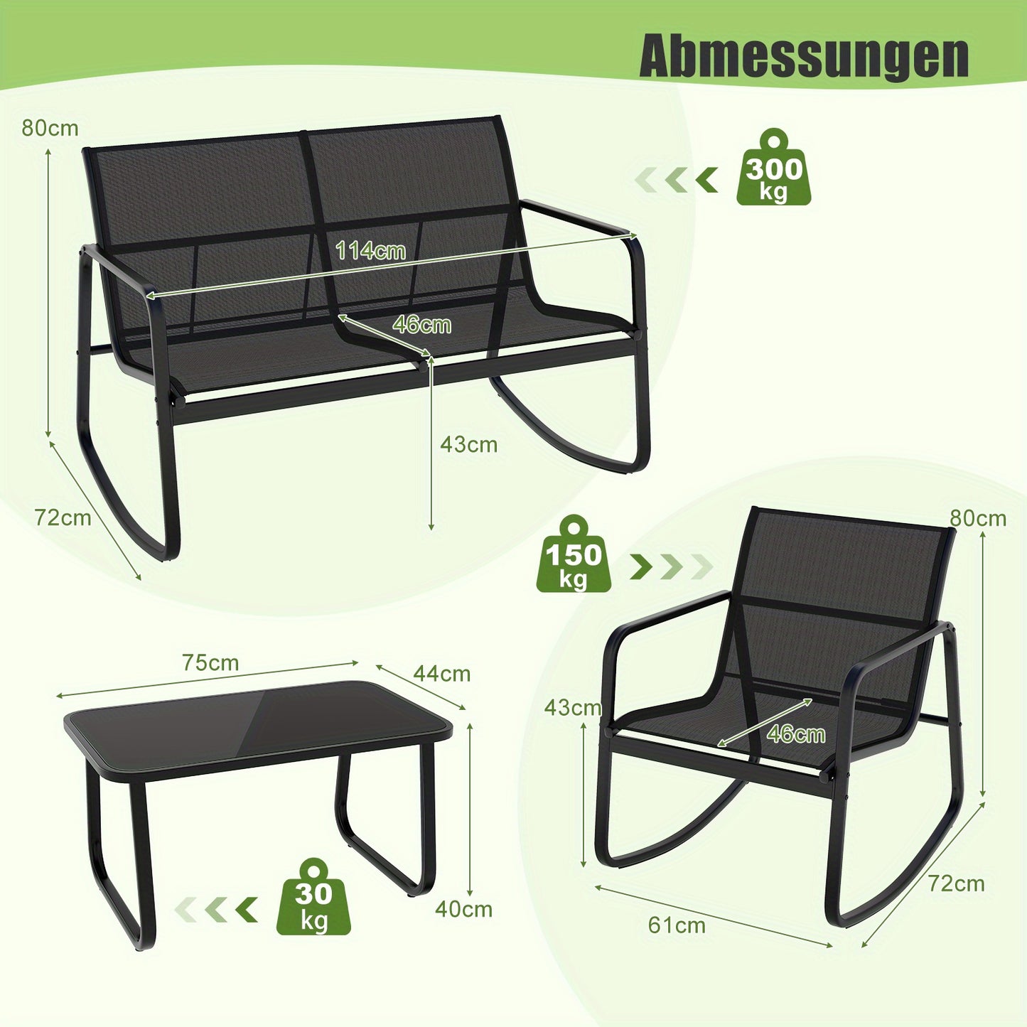 Tuinset – Tuinmeubelen – Zitgroep – Loungeset – Bistroset – Met Metalen Frame – Temperglas Tafelblad – 4 Persoons – Schommelstoelen
