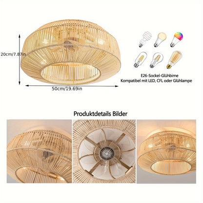 Plafondventilator – Ventilator Plafond – Plafondlamp Ventilator – Plafonniere – Boho Ventilator – 50,8 cm – Rattan Design Met Afstandsbediening & 6 Snelheden