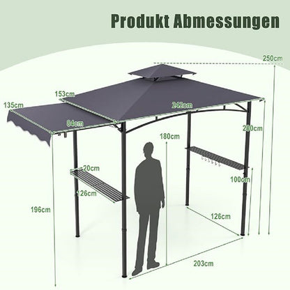 Grill Gazebo – Barbecue Overkapping – BBQ Tent – Tuinoverkapping – Buitenkeuken – Zijluifel Met Hydraulische Steunen – Dubbel Dak Voor Ventilatie – 318x153x250 cm