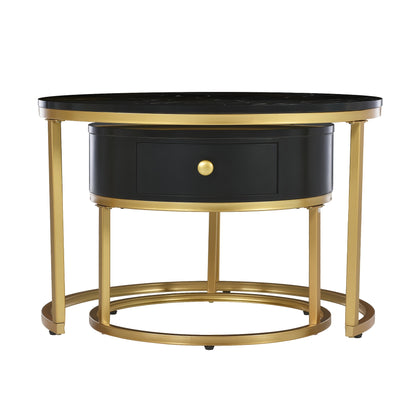 Salontafel – Koffietafel – Bijzettafel – Ronde Tafel – Woonkamertafel – Hoogglans – Imitatie Marmer Structuur – Twee Maten – Zwart