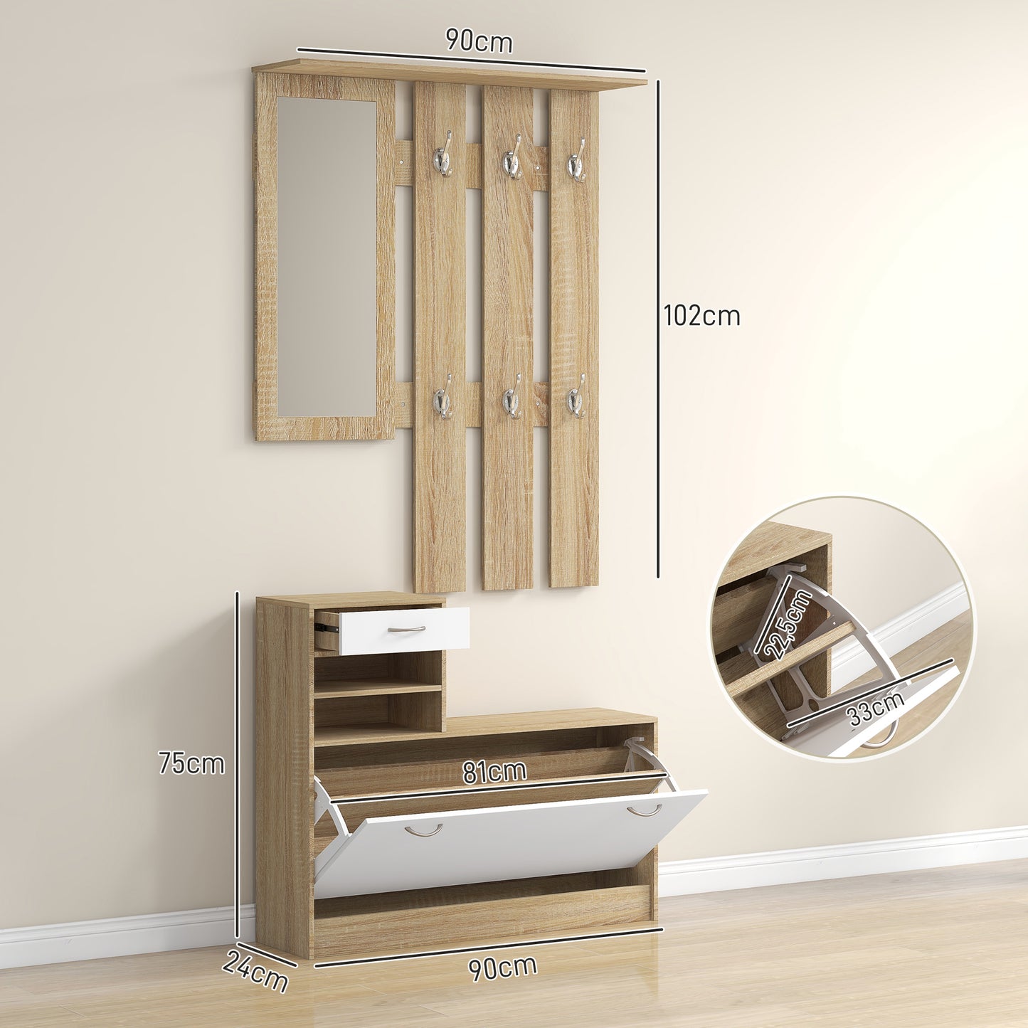 Halmeubel – Kapstok – Schoenenkast – Halbank – Garderoberek – 3-in-1 Multifunctioneel – Melamine Spaanplaat – 6 Haken & Spiegel – Natuurlijk Houtwit
