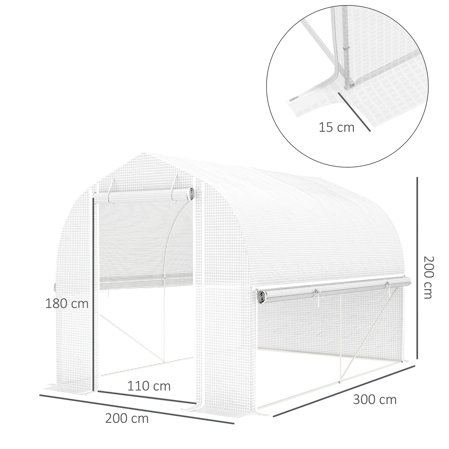 Polytunnel Kas – Tuinkas – Glazen Kas – Serre – Groentekas – UV-Bestendige PE Hoes – Verstevigd Stalen Frame – Roll-Up Zijwanden – 3 x 2 x 2 Meter – Wit