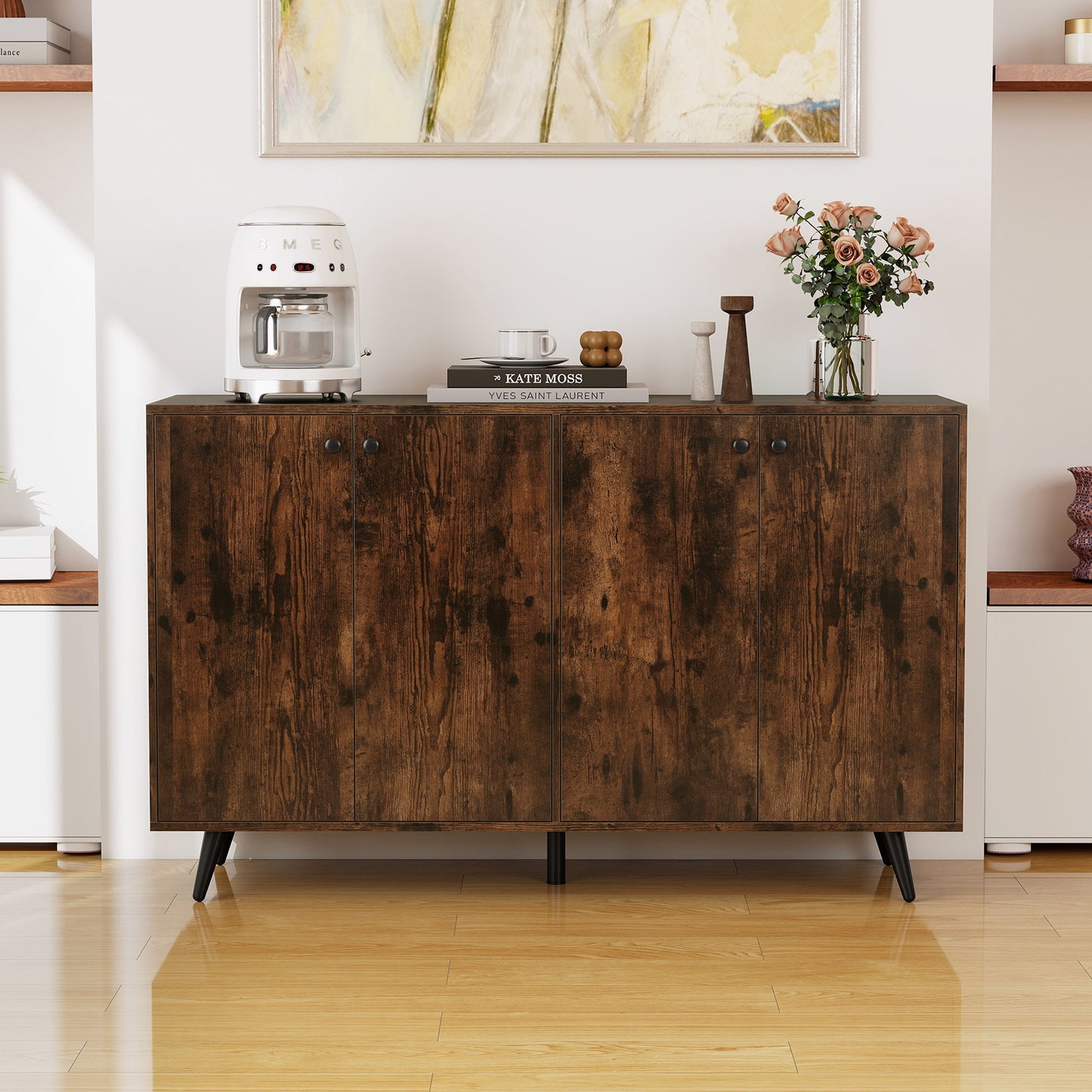 Dressoir – Dressoirkast – Buffetkast – Opbergkast – Ladekast – Houten Dressoir Met 4 Deuren – 5-Voudig Verstelbare Planken – Vintage Stijl 127,5x38x80 cm