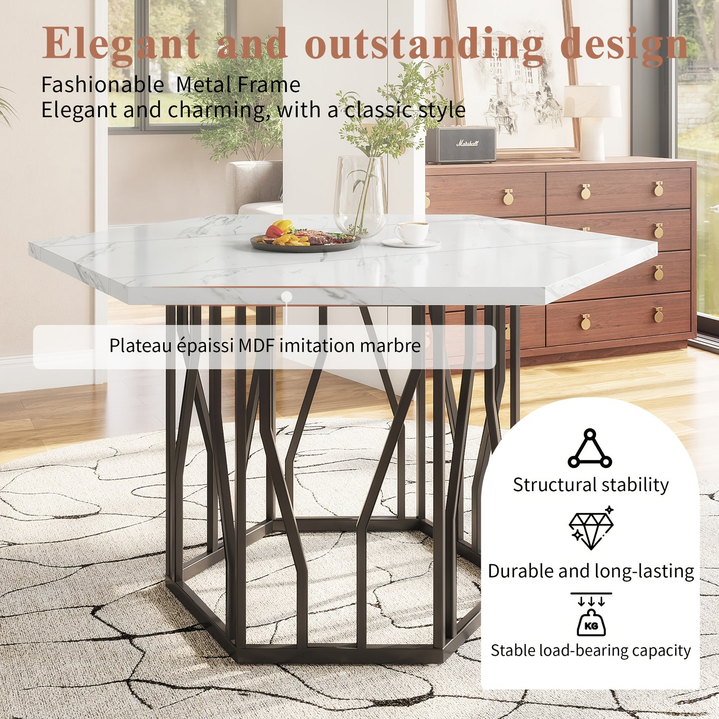 Eettafel – Tafel – Dinertafel – Salontafel – Bijzettafel – Hexagonaal Marmeren Blad – Zwart Metalen Takkenframe