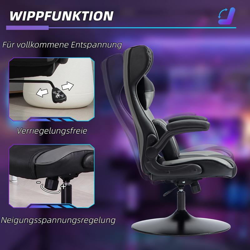 Ergonomische Schommelstoel – Draaistoel – Loungefauteuil – Relaxstoel – Bureaustoel – Verstelbare Hoogte – Stevig Metaal & Polstering – Compact Ruimtebesparend Design (Grijs/Zwart)