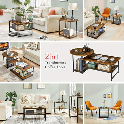 Salontafel – Koffietafel – Theetafel – Woonkamertafel – Bijzettafel – 2-in-1 Afneembaar – Robuust Hout Met Zwart Metalen Frame