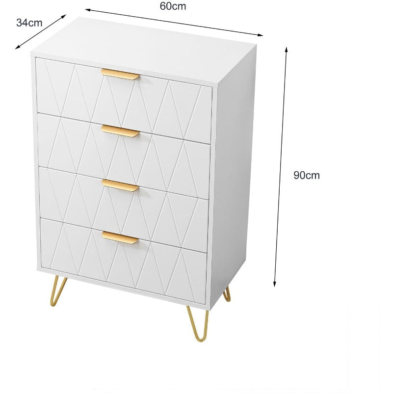 Ladekast – Dressoir – Opbergkast – Commodes – Witte kast met gouden poten – 4 lades met diamanten structuur – Hout en metaal