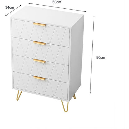 Ladekast – Dressoir – Opbergkast – Commodes – Witte kast met gouden poten – 4 lades met diamanten structuur – Hout en metaal