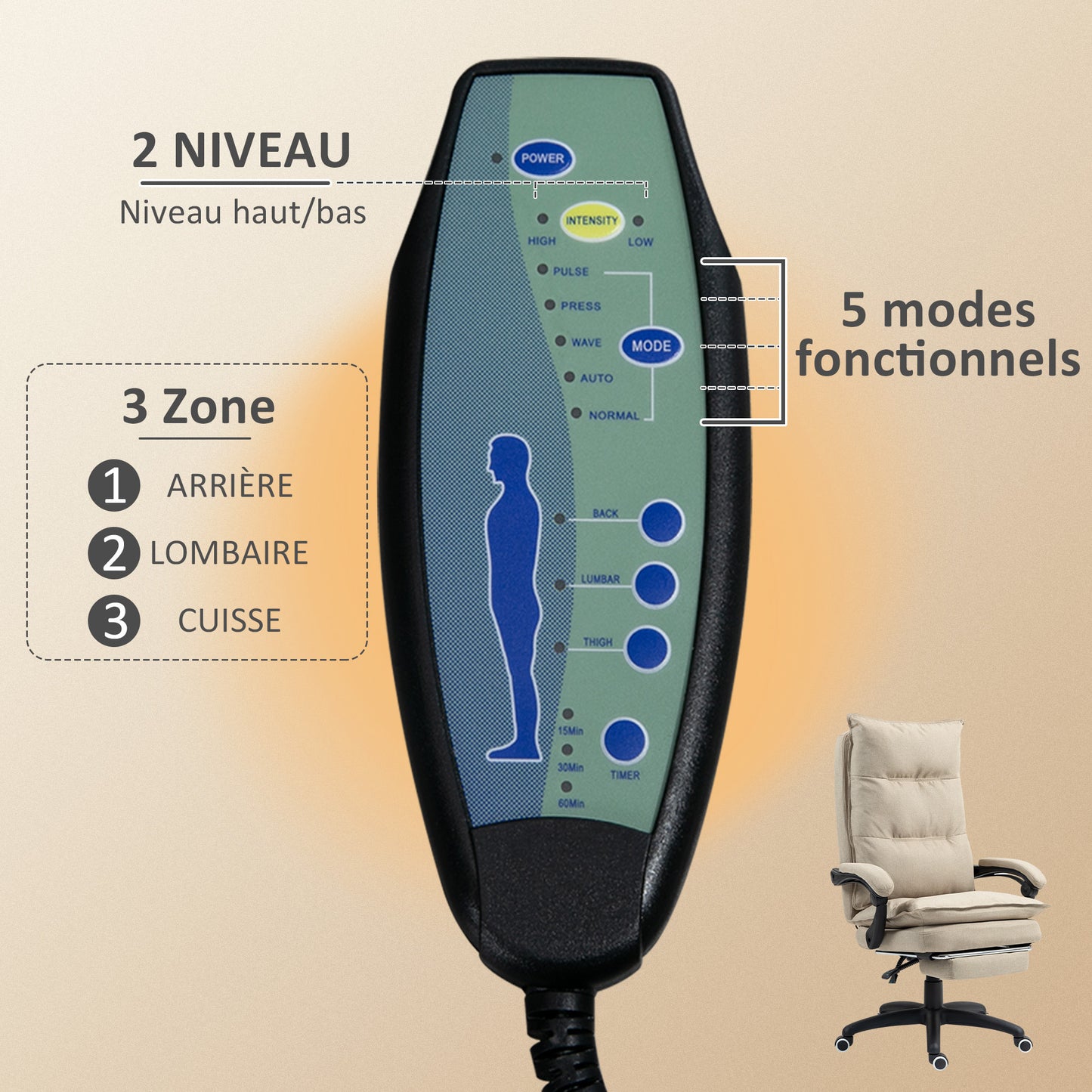 Massagestoel voor Kantoor – Bureaustoel – Ergonomische Stoel – Werkstoel – Draaistoel – Verstelbare Hoogte – 6-Punts Massage en Ingebouwde Voetensteun – Beige Linnen Bekleding