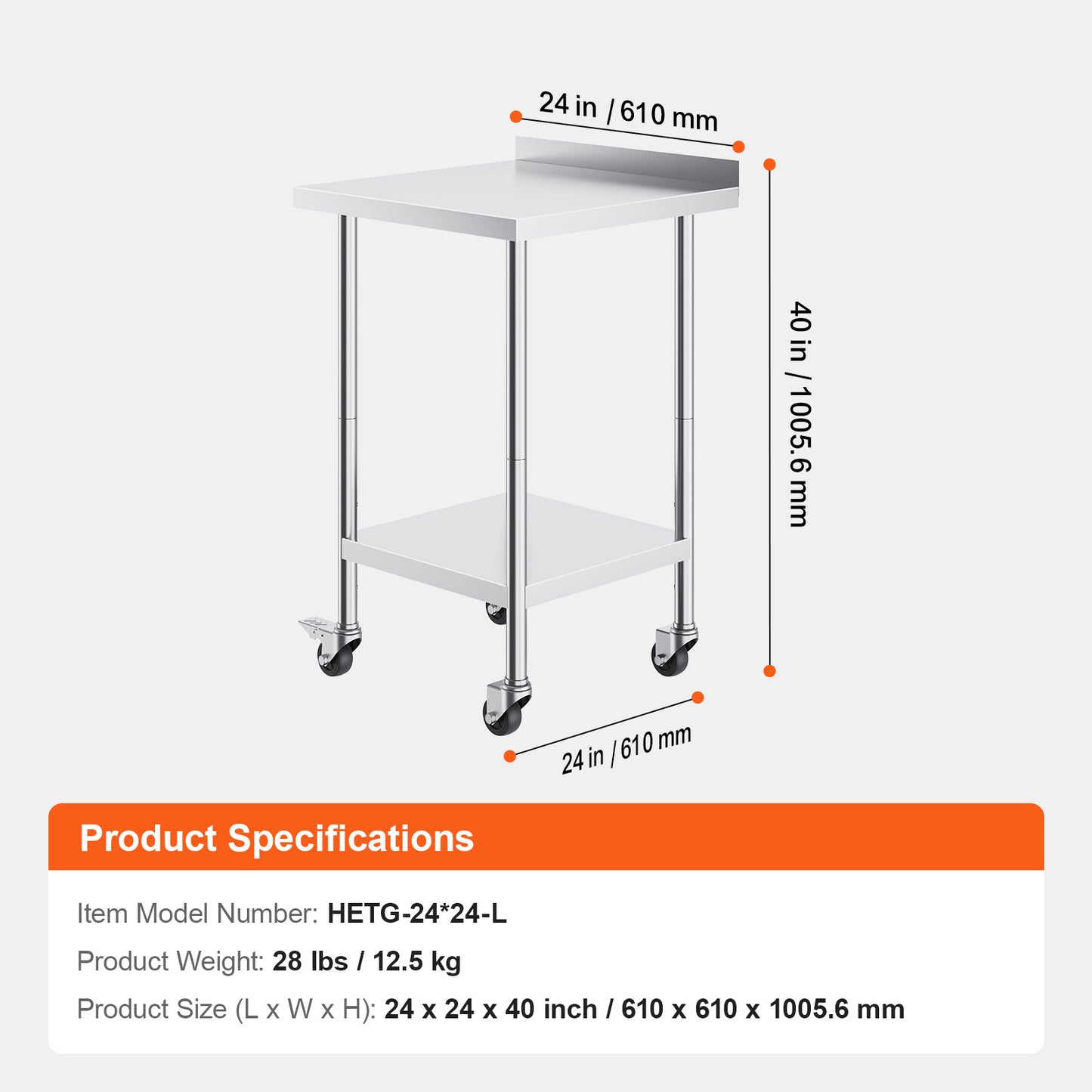 Werktafel – Werkbank – Werkblad – Werktafel met wielen – Roestvrij staal – 61x61x102 cm – 3 Verstelbare Legplanken – Zwenkwielen met Rem